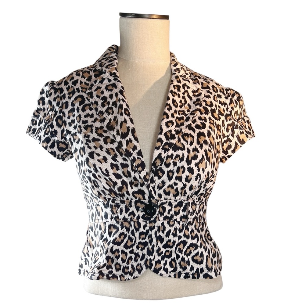 Forever 21 Vintage Y2K Leopard Fitted Peplum Short Sleeve Blazer Sz S Pi…
